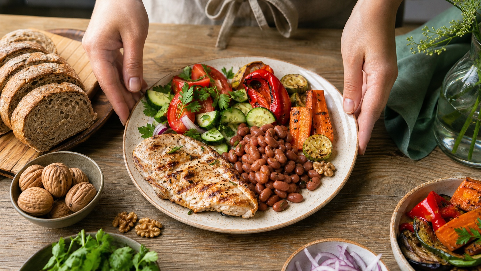 Un plato equilibrado con verduras, frijoles, pollo, pan integral y nueces