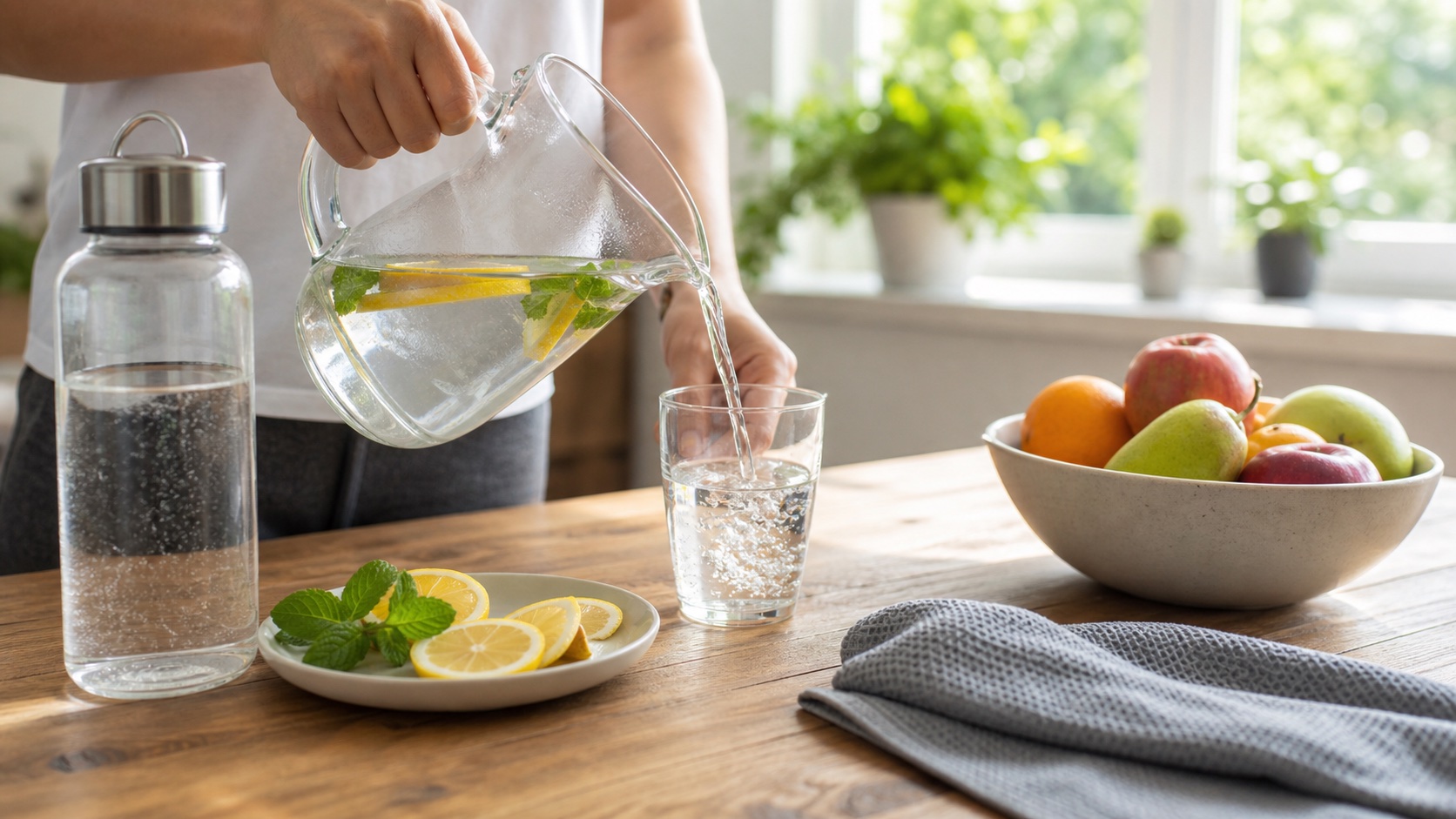 Una persona vierte agua en un vaso en una cocina brillante y hay fruta al lado.