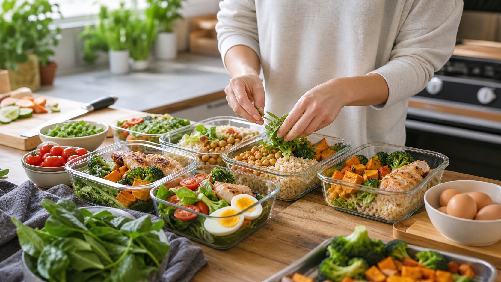 Una persona distribuye alimentos saludables en recipientes de vidrio para la semana.