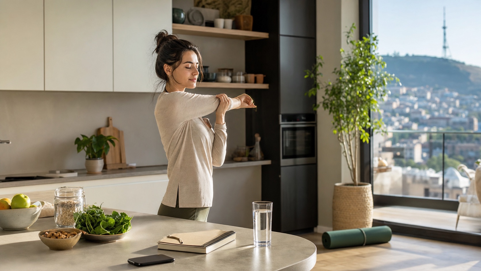 Una persona se estira ligeramente en la cocina a la luz de la mañana y bebe agua.