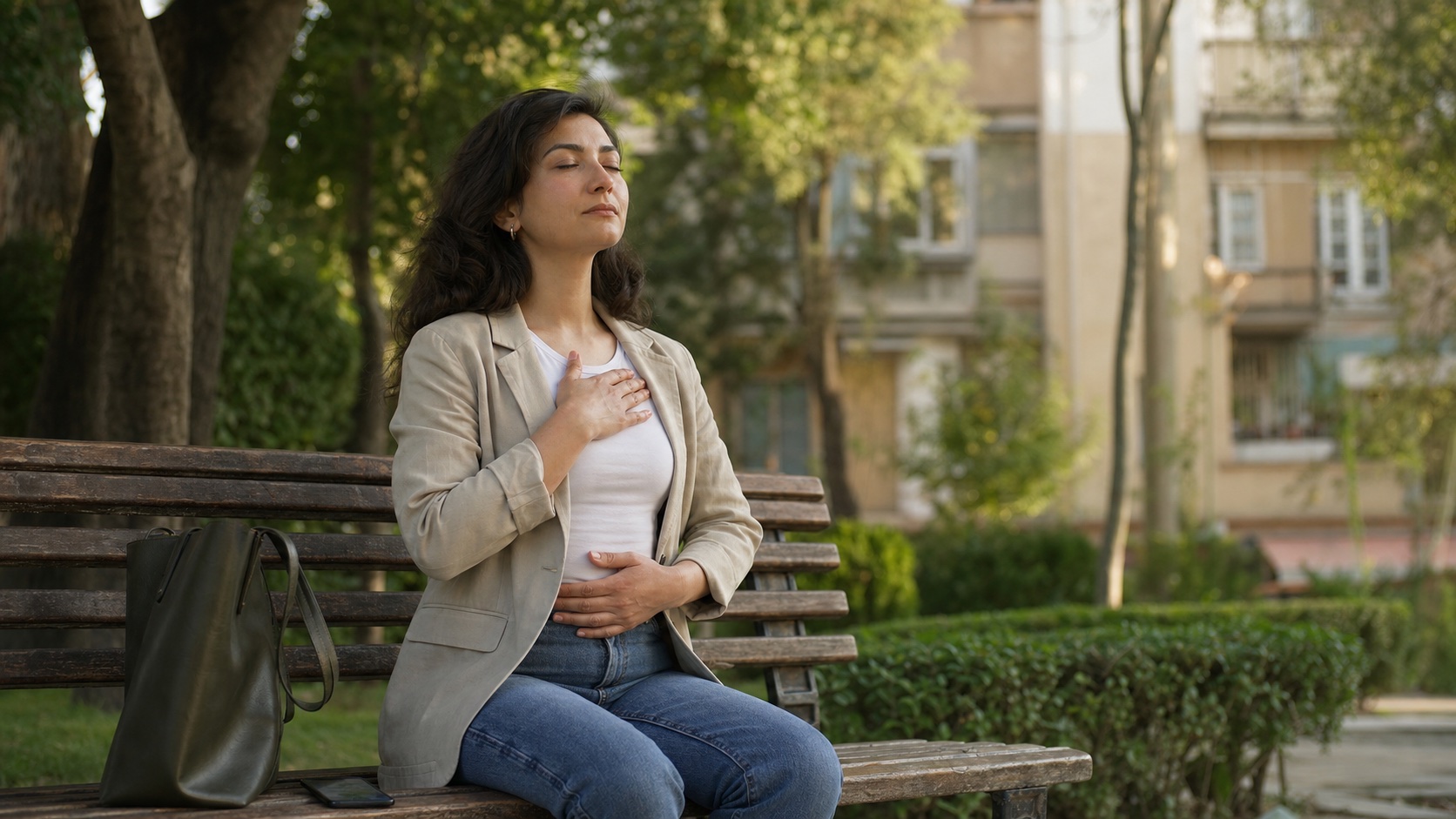 Una persona está sentada en un banco en un pequeño parque de la ciudad y respira tranquilamente